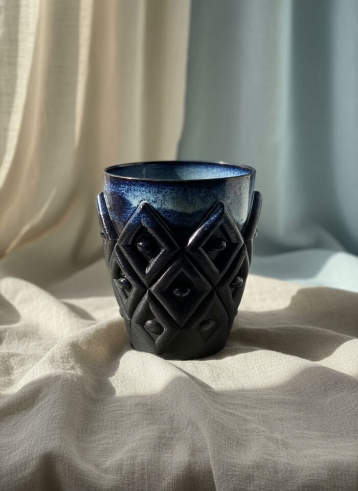 Geometrik Desenli Lacivert Form Saksı