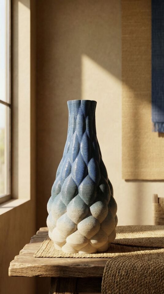 Örgü Dokulu Ombre Vazo – 3D Seramik Yazıcı ile Üretilmiş