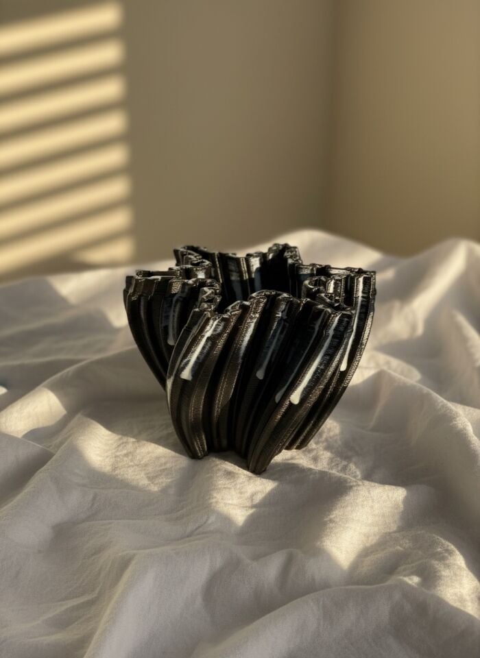 Dalga Formlu Siyah Vazo – 3D Seramik Yazıcı ile Üretilmiş