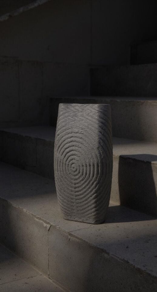 Dairesel Dokulu Beton Görünüm Vazo – 3D Seramik Yazıcı ile Üretilmiş